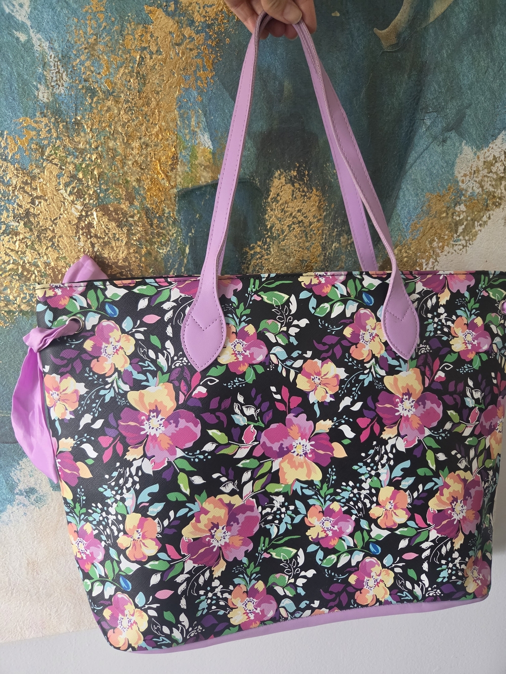 Floral Print Tote Bag with Pink Handles